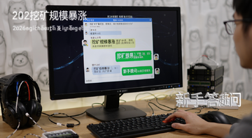 2026挖矿规模暴涨新手答疑场景图,提示词包含“挖矿规模暴涨”和“新手提问”,画面是电脑屏幕上的问答对话框