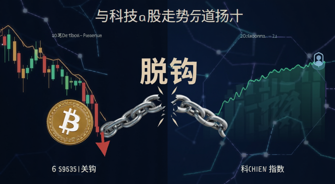 比特币与科技股走势分道扬镳的示意图,画面左侧是比特币K线跌破6万美元关口,右侧是科技股指数走势平稳,中间用断裂的锁链表示脱钩,标注