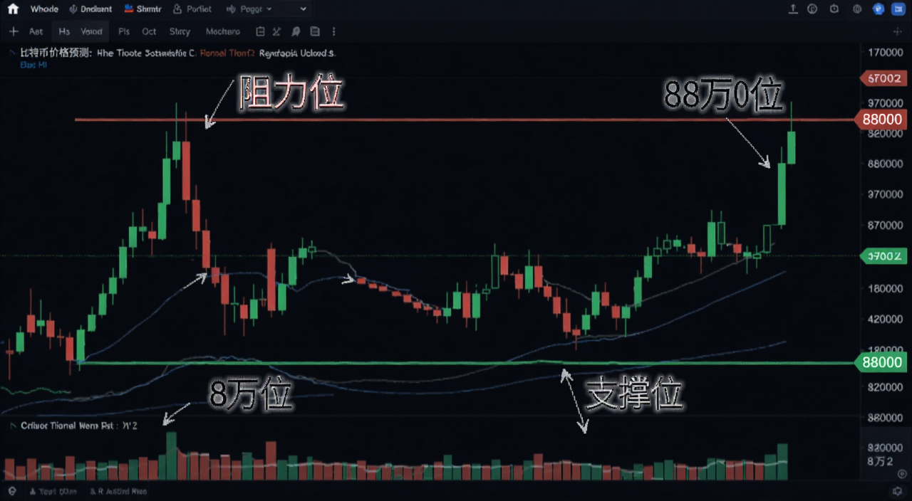比特币价格预测:在不断变化的市场中驾驭阻力位和支撑位,画面主体是一张比特币K线图,标注8万2和88000两个关键价位,红绿蜡烛交错,背景是深色交易界面,图上有“阻力位”“支撑位”文字标注
