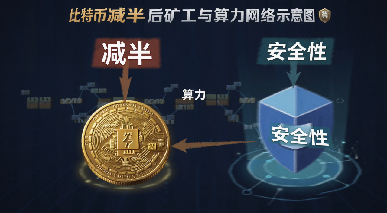 比特币减半后矿工与算力网络示意图,图中标注“减半”“算力”“安全性”等文字