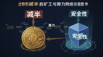 比特币减半后矿工与算力网络示意图,图中标注“减半”“算力”“安全性”等文字