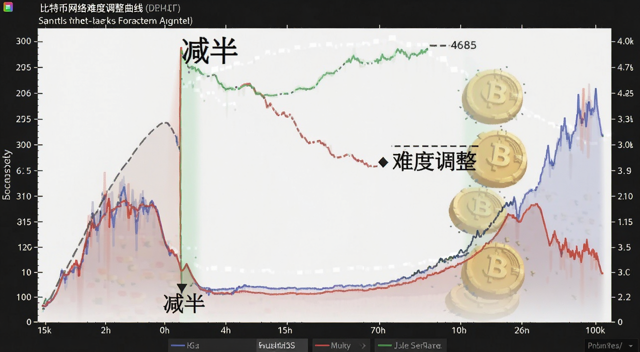 比特币网络难度调整曲线图,标注“减半”“难度调整”文字
