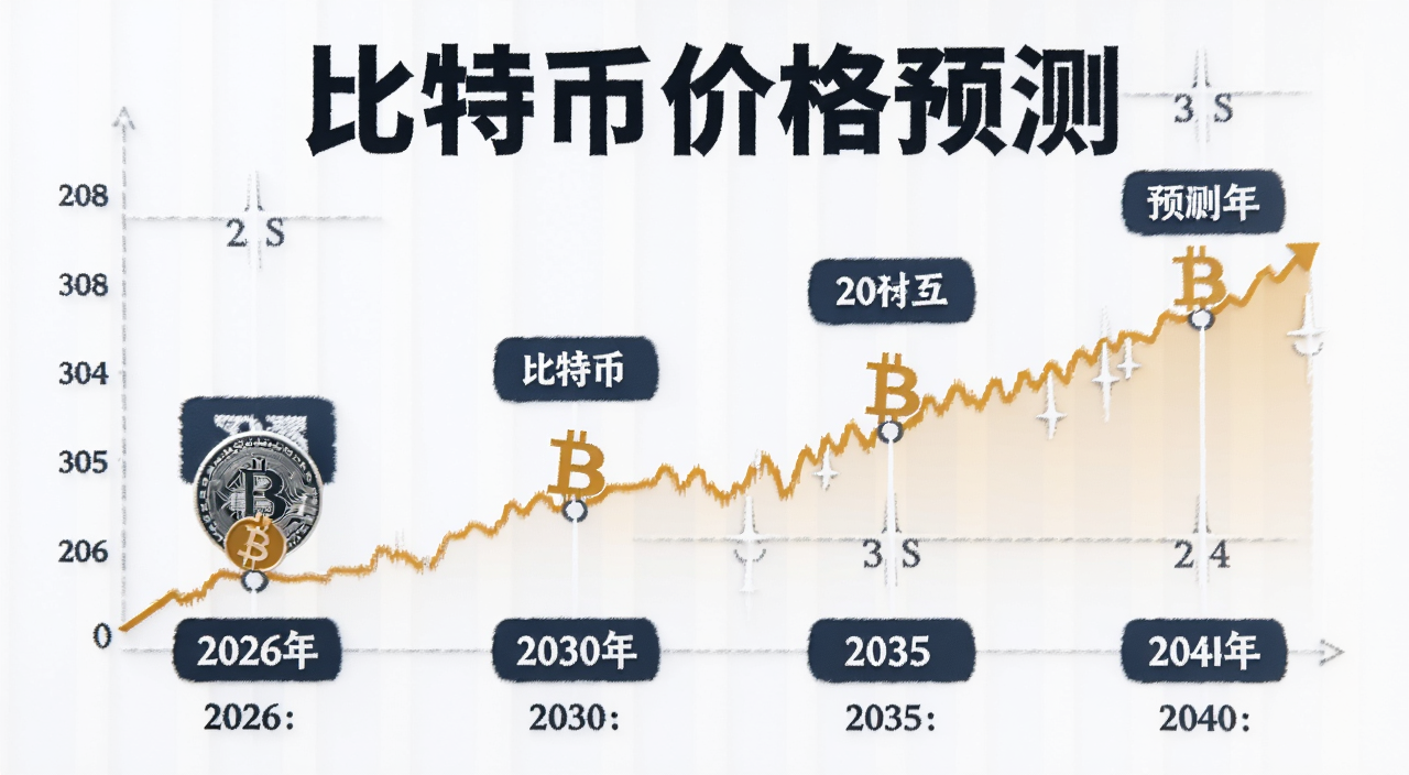 比特币价格预测:2026年、2030年、2035年和2040年分析走势图,画面中有“比特币价格预测”字样和四个年份节点