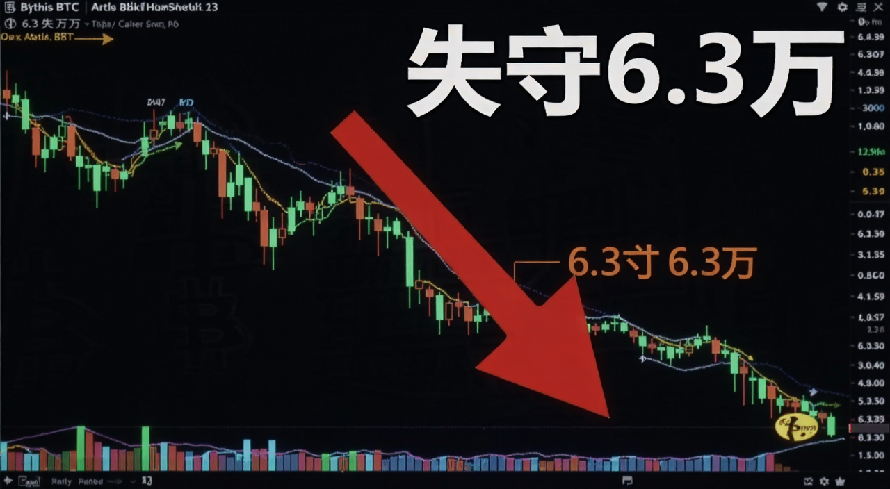 比特币BTC价格暴跌失守6.3万关口K线图,画面中有向下红色箭头和6.3万数字标注,文字写“失守6.3万”