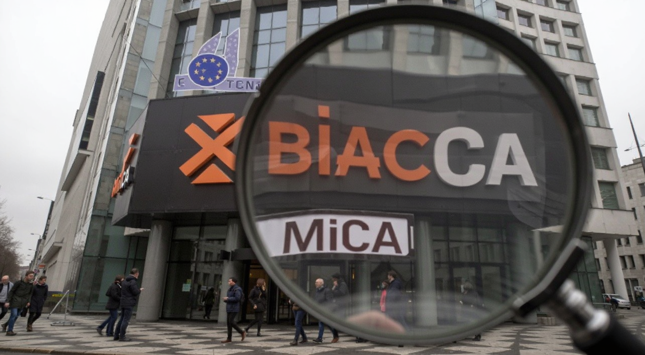 欧洲央行疑封币安MiCA申请 监管大楼前币安标志被放大镜审视 画面带“MiCA”文字标签