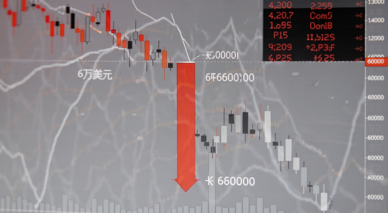 比特币跌穿6万美元大关的行情走势图,画面中一根大阴线向下砸穿60000数字关口,背景是红色下跌的K线图和爆仓数据,风格写实财经新闻配图