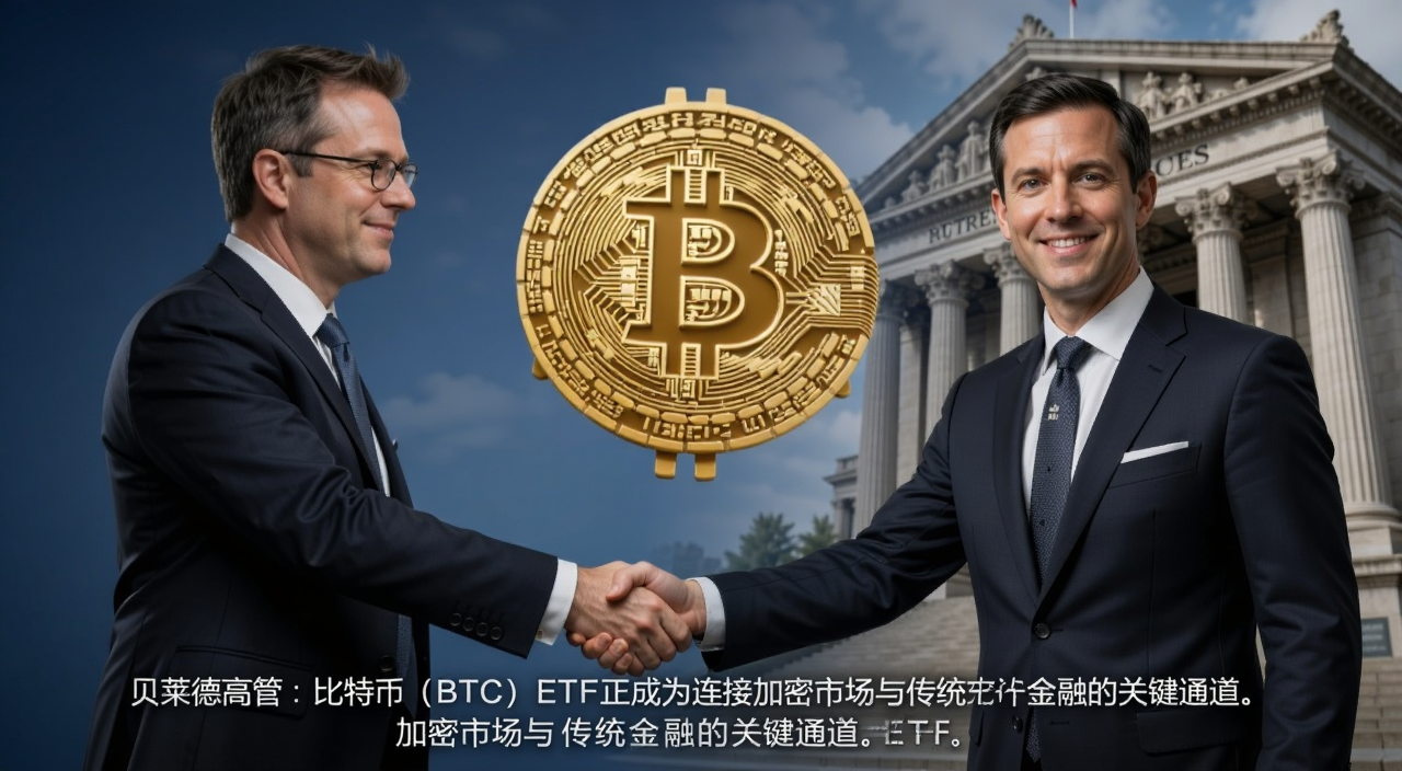贝莱德高管解读比特币ETF连接加密与传统金融,画面中要有比特币符号与传统银行建筑握手的场景,文字标注“贝莱德高管:比特币(BTC)ETF正成为连接加密市场与传统金融的关键通道”
