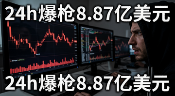 24h爆仓8.87亿美元 加密货币市场剧烈波动 交易者面对屏幕上的红色K线 场景紧张 文字标注24h爆仓8.87亿美元
