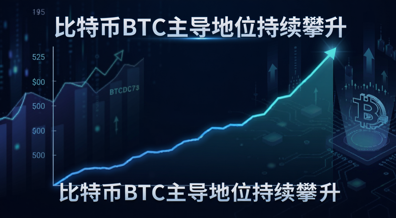 比特币主导地位持续攀升走势概念图,图中用简洁折线图展示BTC市值占比逐步走高,背景是数字金融风格,标注“比特币BTC主导地位持续攀升”字样