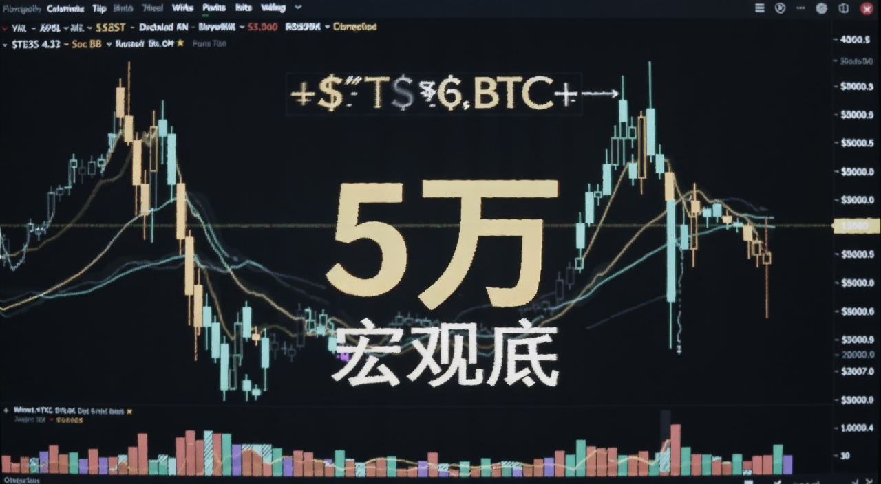 比特币BTC价格在5万美元关口剧烈震荡的K线走势图,画面中央醒目显示数字5万,背景是暗色调的交易屏幕,标注宏观底字样