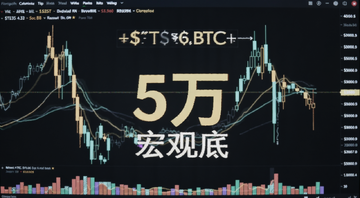 比特币BTC价格在5万美元关口剧烈震荡的K线走势图,画面中央醒目显示数字5万,背景是暗色调的交易屏幕,标注宏观底字样