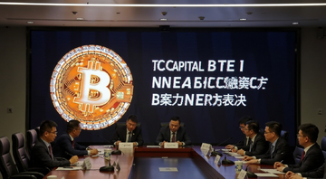 Capital B公司会议室股东投票现场背景大屏显示比特币标志和投票通过字样,文字写“Capital B完成比特币融资方案股东表决”