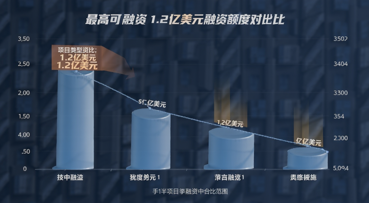 最高可融资1.2亿美元融资额度对比图表,柱状图显示不同项目类型的融资范围,包含“1.2亿美元”文字标注,商务风格