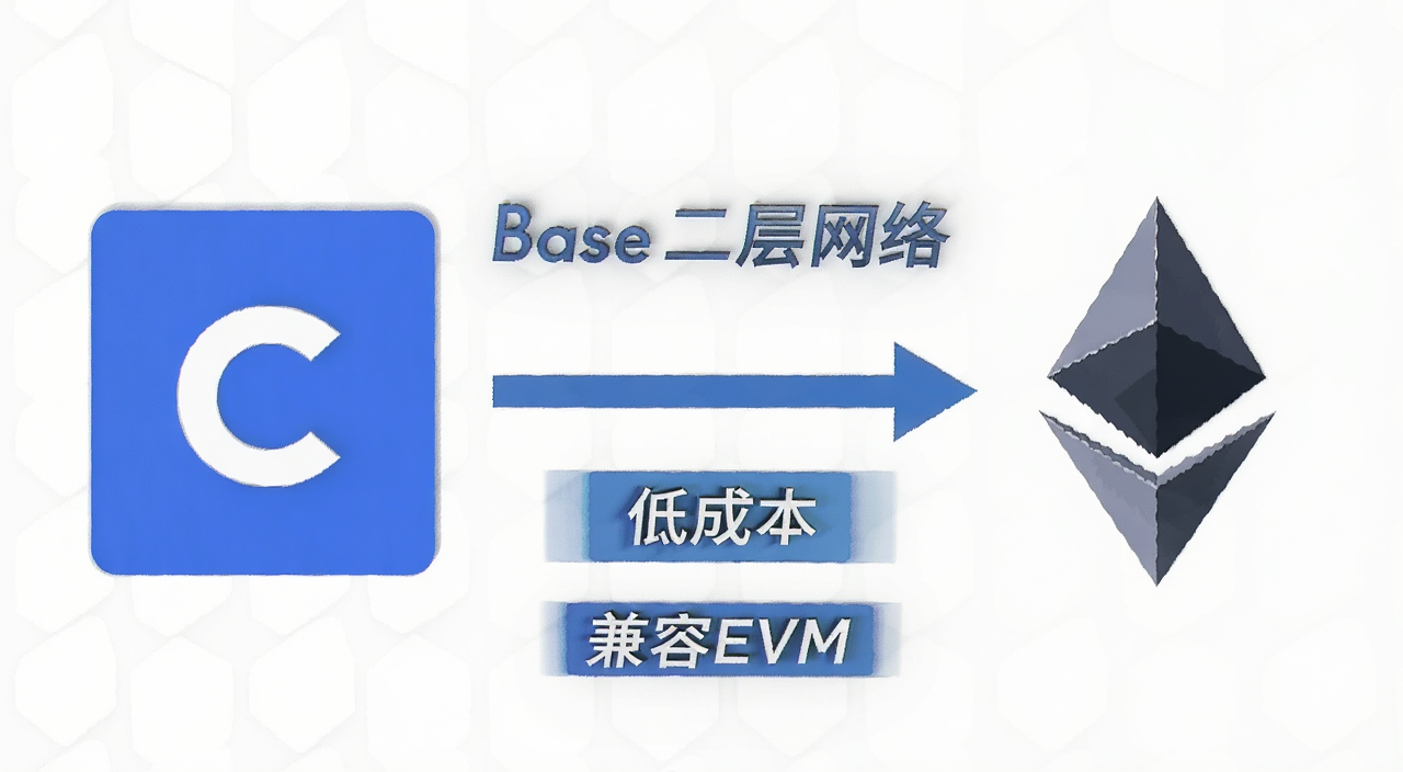 һ��չʾBase������Coinbase��������ϵ��ʾ��ͼ�������Coinbase��־�ұ�����̫����־�м��ü�ͷ���ӣ�ͼ�����ֱ�ע��Base�������硱���ͳɱ���������EVM��