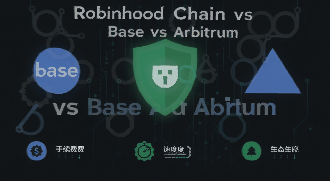 三条链对比示意图,画面中央用大字标注“Robinhood Chain vs Base vs Arbitrum”,左右分别画Base蓝色圆圈和Arbitrum蓝色三角,中间Robinhood Chain用绿色盾牌图标,下方用简单图标表示手续费、速度、生态,风格扁平化科技感
