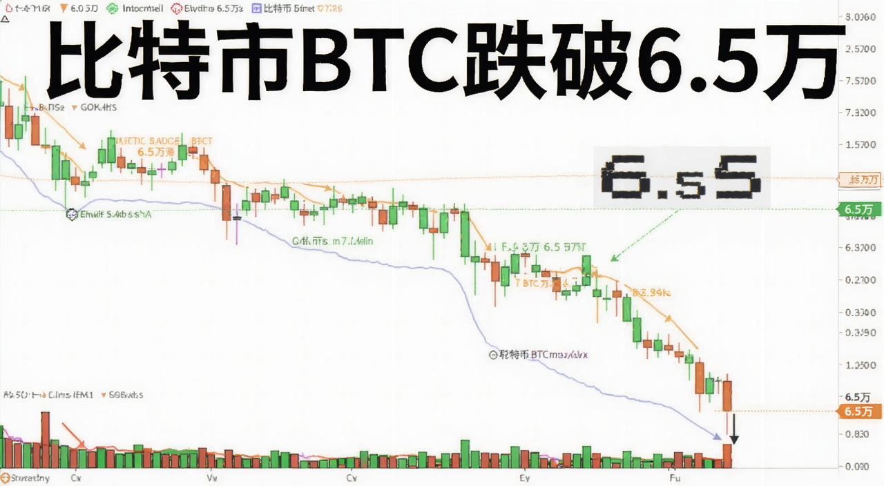 比特币BTC跌破6.5万价格走势图,画面中有下跌的K线和6.5万数字标注,文字用