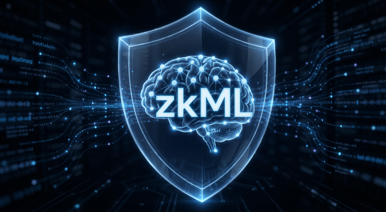 零知识机器学习zkML概念示意图,画面中央是一个发光的神经网络模型被一个半透明的盾牌包裹,盾牌上写着zkML字样,周围有数据流线条穿梭,科技感蓝色调