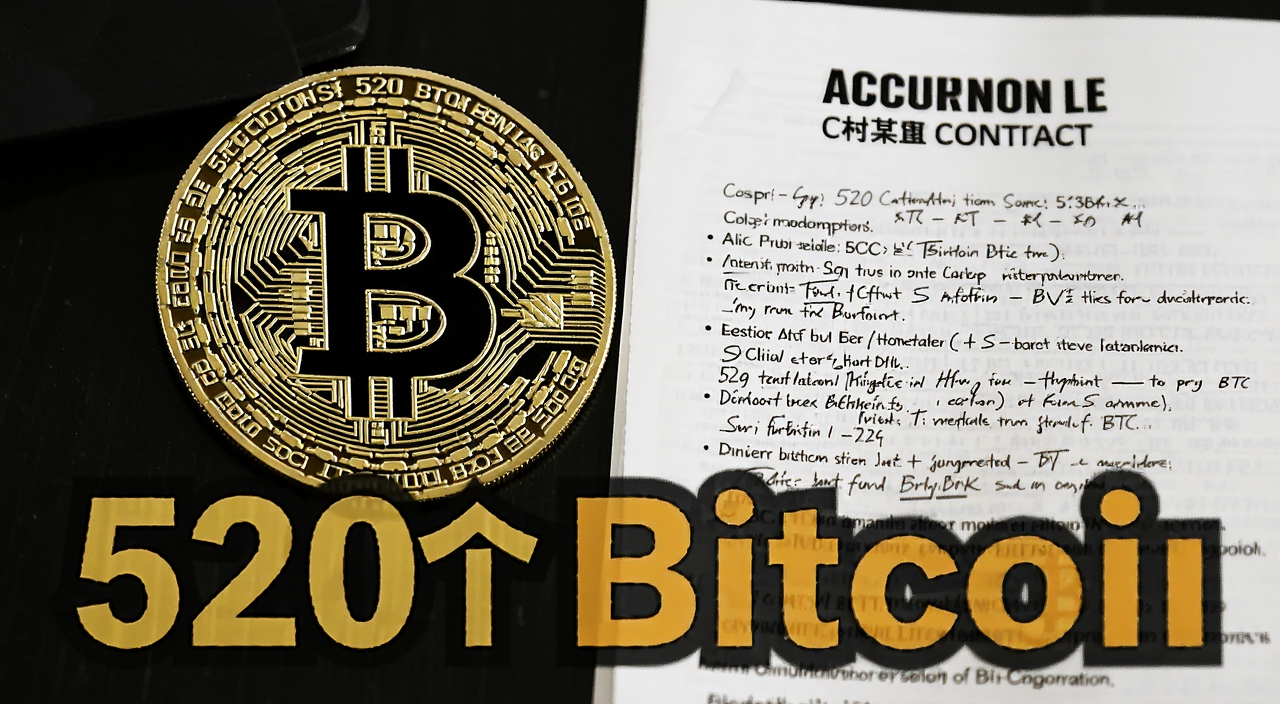 某公司收购了520个比特币BTC的新闻配图,画面中有比特币标志和收购合同,文字标注520个比特币