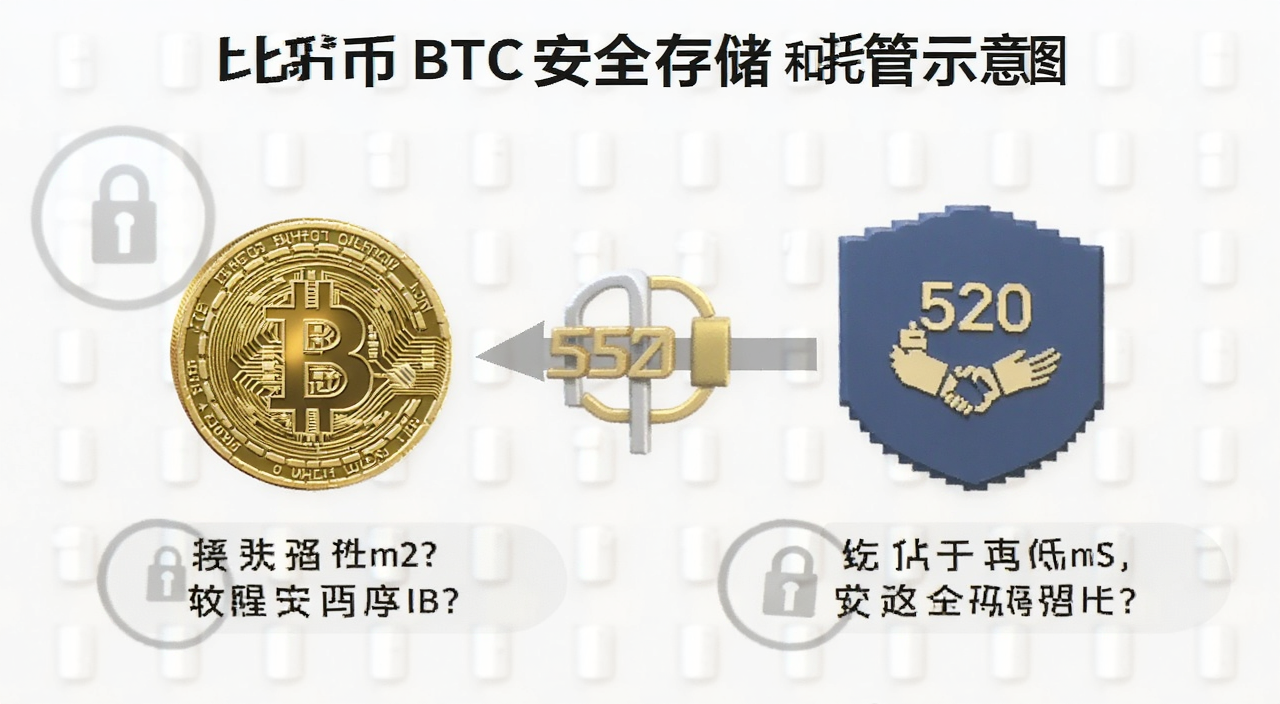 比特币BTC安全存储和托管示意图,文字标注520个比特币收购后的安全提醒