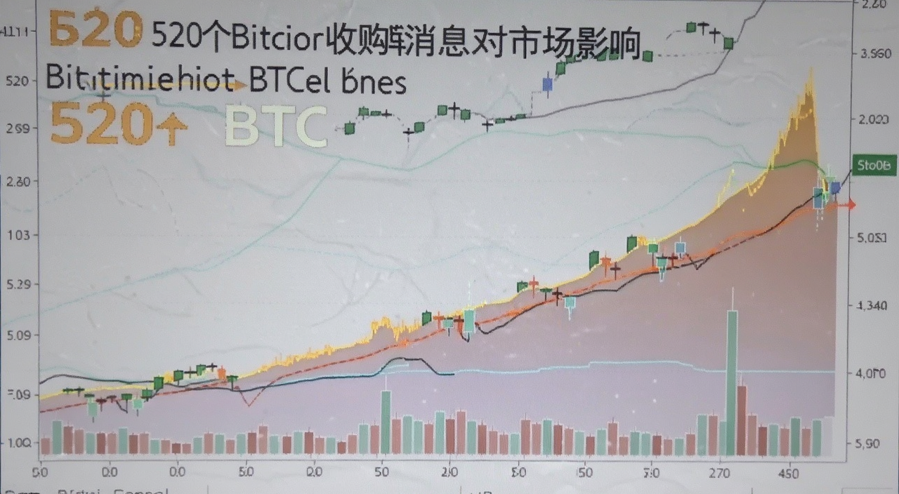 比特币BTC行情走势图配图,文字标注520个比特币收购消息对市场的影响