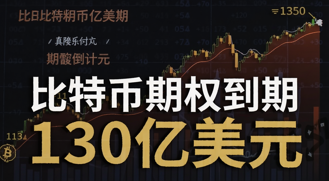 一张比特币价格走势图与期权到期倒计时叠加的财经风格插图,图中用中文标注“比特币期权到期”和“130亿美元”,整体氛围紧张,关键词必须包含“比特币期权到期”