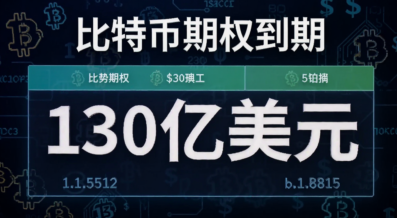 一张简洁的比特币期权到期数据表格示意图,背景是加密风格,关键词包含“比特币期权到期”和“130亿美元”