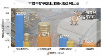 比特小鹿与其他矿池比特币收益对比图表,柱状图显示不同平台每日比特币产出,关键词比特币留不住