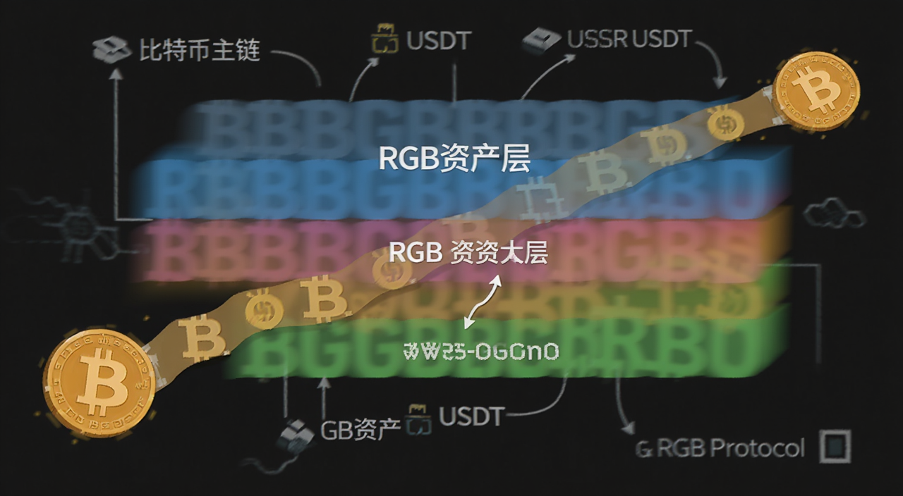 一张展示比特币区块链与RGB协议层叠加结构的示意图,图中标注“比特币主链”“RGB资产层”“USDT”等文字