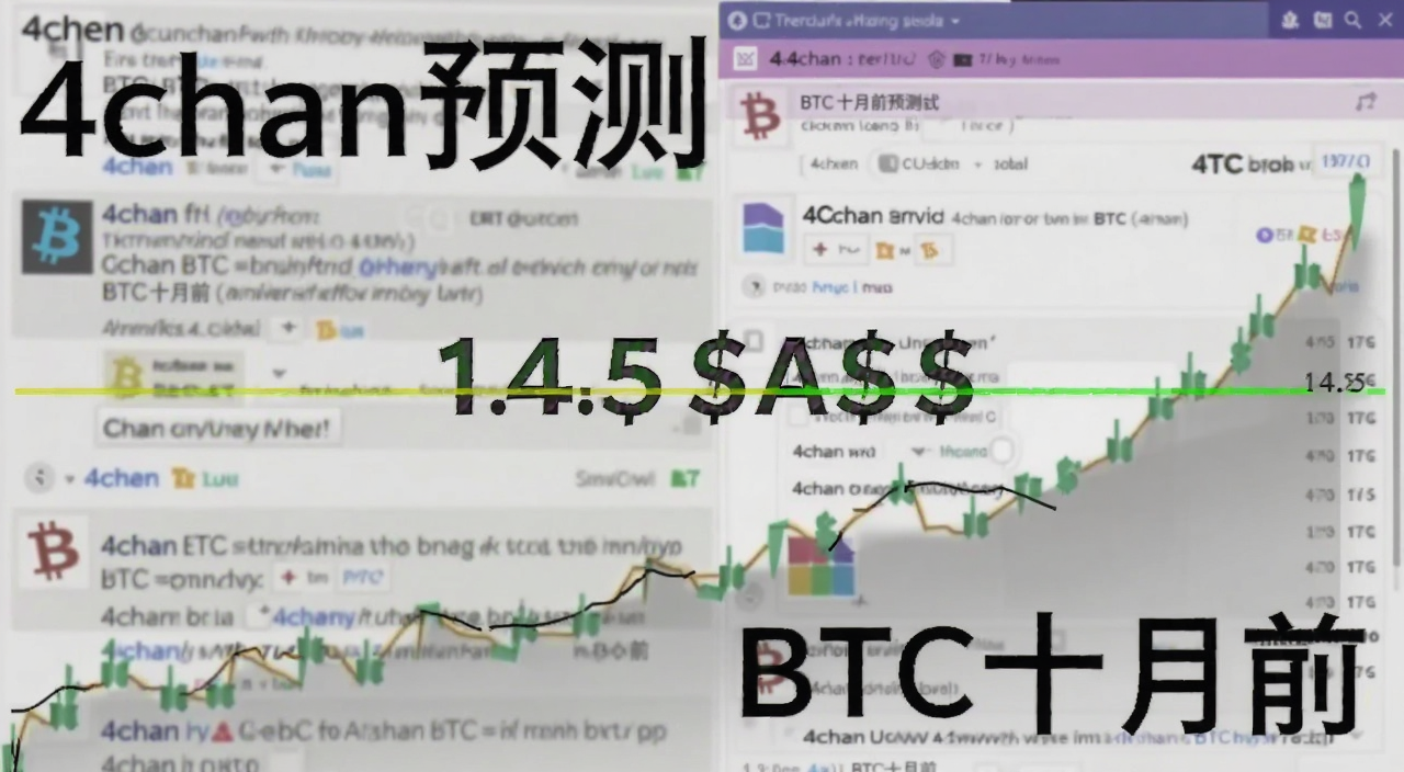比特币BTC价格走势图与4chan论坛预测截图合成,画面中心是14.5万美元目标价位线,背景带有模糊的论坛帖子文字,标注“4chan预测”“BTC十月前”字样