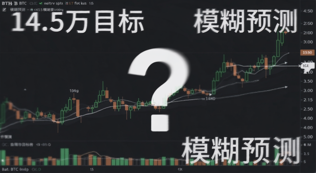 比特币BTC价格K线图与问号、模糊滤镜效果,表现预测的不确定性,图中标注“14.5万目标”“模糊预测”字样