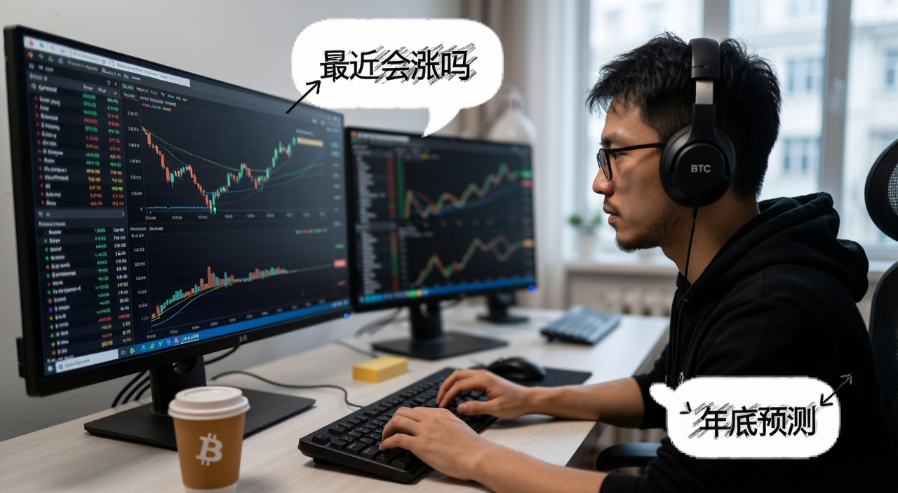 比特币BTC交易员看盘场景与常见搜索问题文字气泡,标注“最近会涨吗”“年底预测”字样