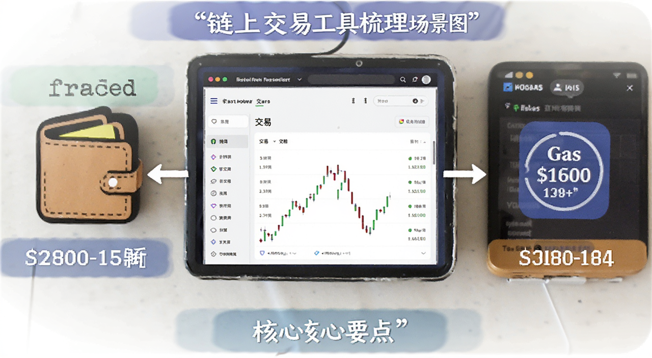 链上交易工具梳理场景图,画面包含钱包、交易界面、Gas费用图标,标注链上交易工具梳理核心要点