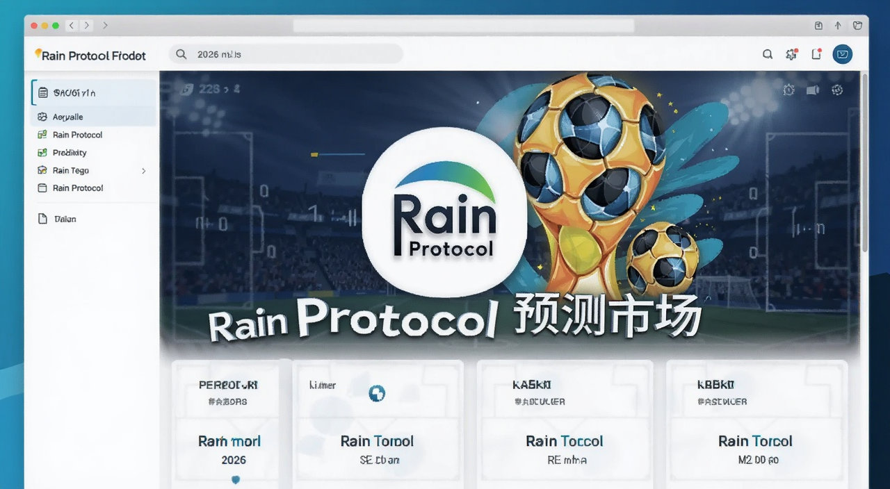 Rain Protocol预测市场平台界面展示2026世界杯相关预测板块,画面中央有Rain Protocol标志和世界杯元素,配文字