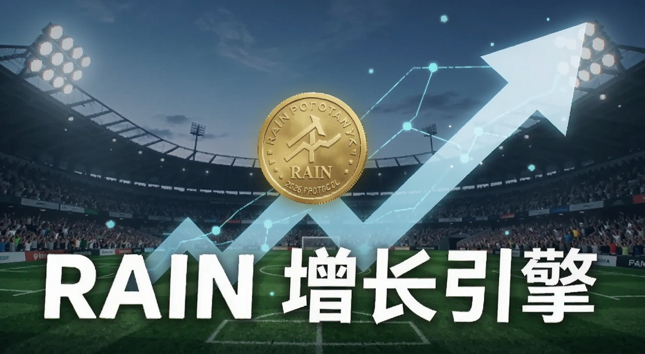 Rain Protocol代币RAIN与2026世界杯增长趋势概念图,包含上升箭头和足球场背景,配文字
