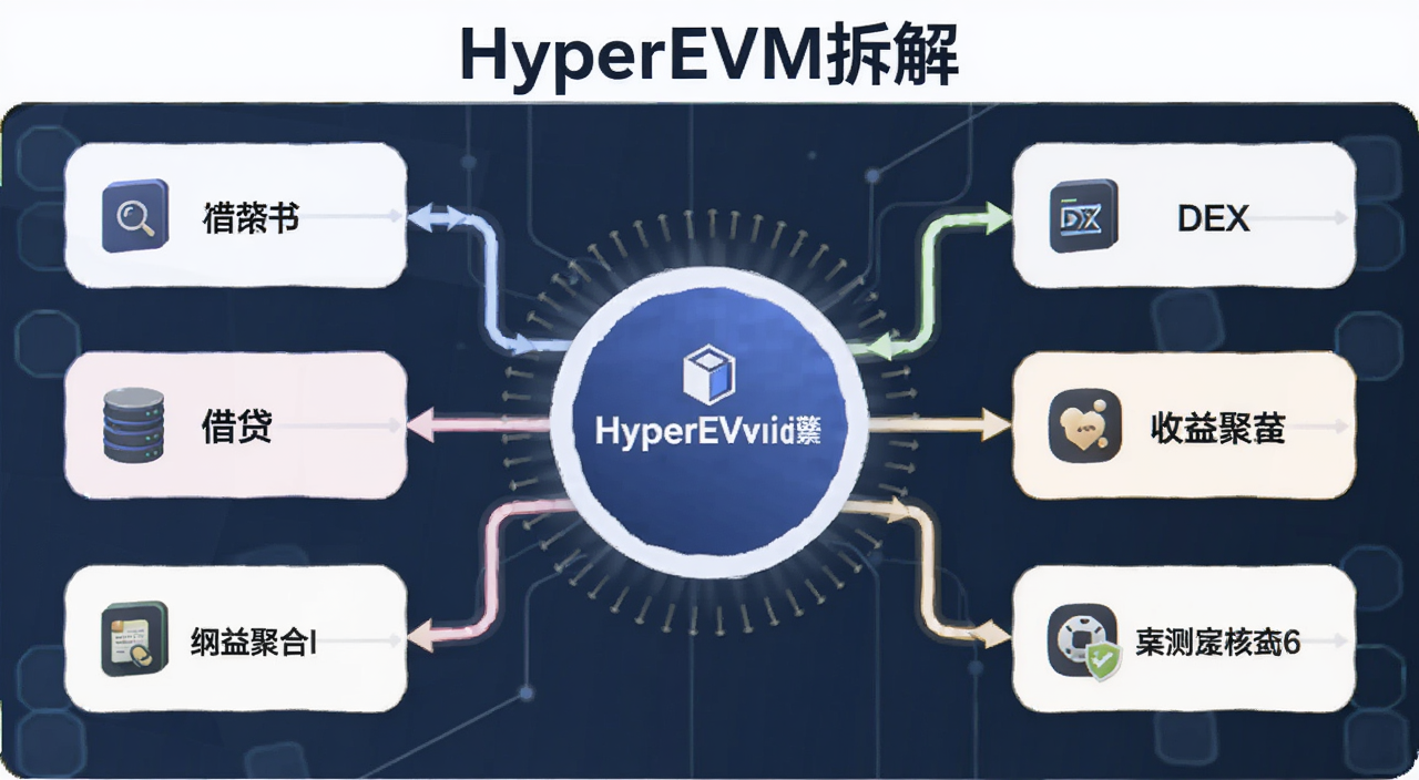 HyperEVM��⣺��ЩӦ���������Ե�Hyperliquid�ĺ��ĺ����� һ��չʾHyperEVM��̬�ܹ���ʾ��ͼ��������Hyperliquid�������棬�������������DEX������ۺϵ�Ӧ��ģ�飬ͼ�б�ע��HyperEVM��⡱����,