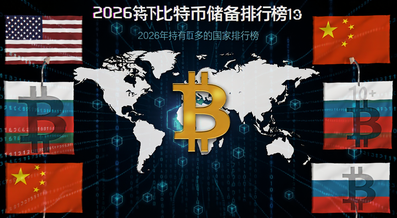 比特币国家储备排行榜概念图,画面中央是金色比特币符号叠加世界地图,美国中国保加利亚国旗环绕,背景是区块链数据流,标注2026年持有比特币最多的国家排行榜前十名字样