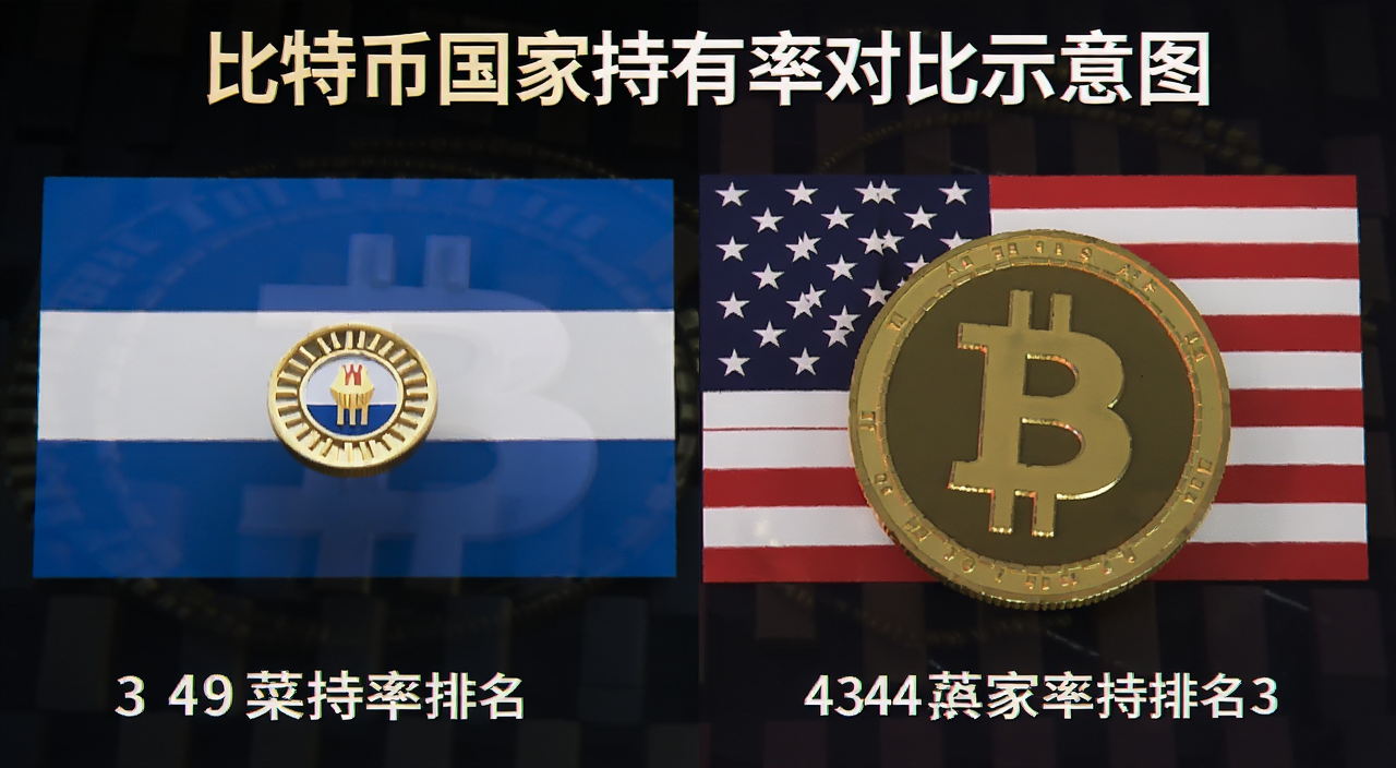 比特币国家持有率对比示意图,萨尔瓦多国旗与美国国旗对比比特币符号,标注比特币国家持有率排名关键词