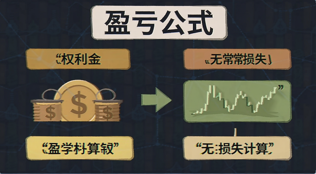 链上期权收益计算公式示意图,包含权利金和无常损失计算,文字标注“盈亏公式”