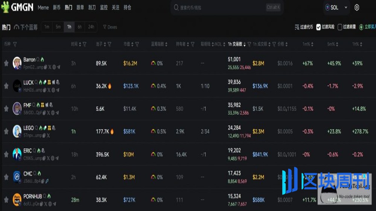 GMGN查看Meme币持仓分布界面截图,包含前十大持有人占比数据