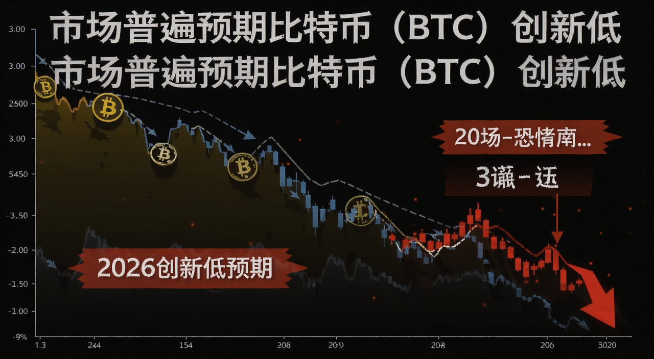比特币BTC价格走势下跌示意图,图中标注2026创新低预期与市场恐慌情绪,文字注明“市场普遍预期比特币(BTC)创新低”