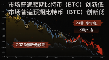 比特币BTC价格走势下跌示意图,图中标注2026创新低预期与市场恐慌情绪,文字注明“市场普遍预期比特币(BTC)创新低”