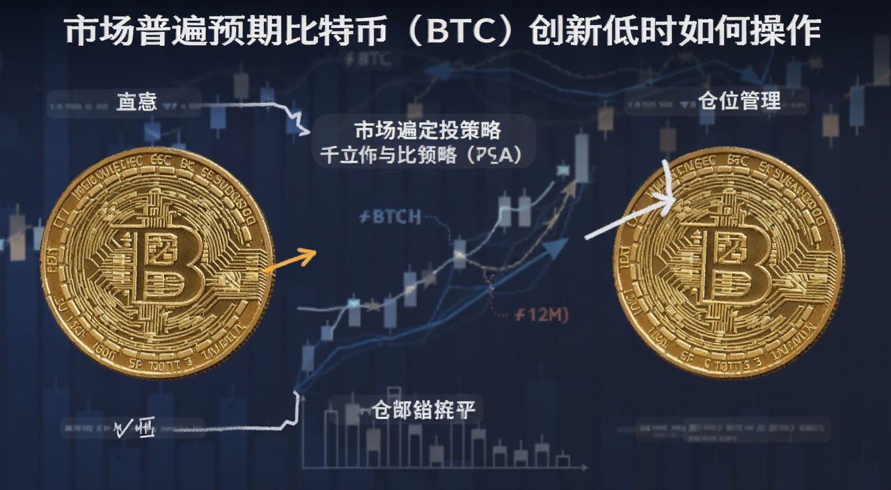 比特币定投策略与仓位管理示意图,文字标注“市场普遍预期比特币(BTC)创新低时如何操作”