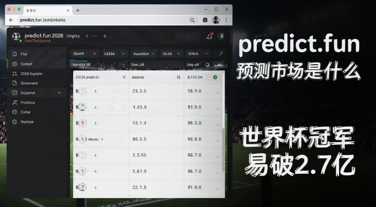 predict.fun预测市场界面截图,展示2026世界杯冠军交易盘口和赔率数据,旁边用文字标注“predict.fun预测市场是什么”和“世界杯冠军交易破2.7亿”