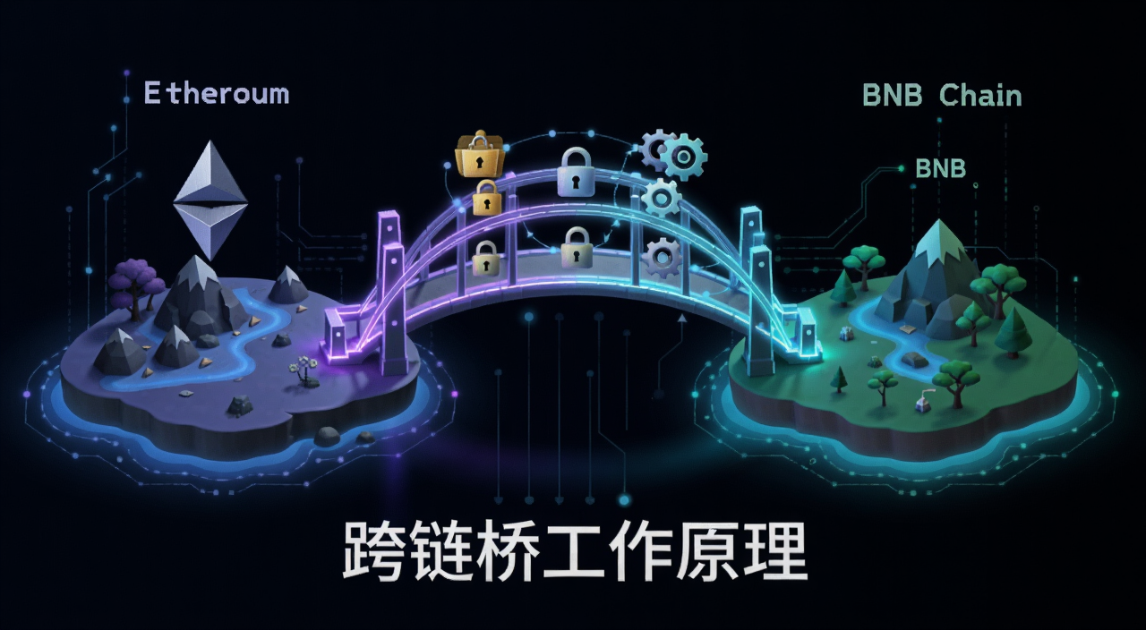 跨链桥工作原理示意图,画面中央是两座岛屿分别标注以太坊和BNB Chain,中间由一座发光的桥梁连接,桥上有锁定的资产图标和代表验证节点的齿轮,整体风格简洁科技感,图片下方用文字注明跨链桥工作原理