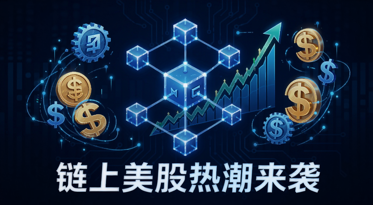 链上美股热潮来袭概念插画,画面中央是区块链节点连接着纳斯达克股票走势图,旁边有代币符号和美元符号交织,整体科技感蓝色调,图片下方用文字注明链上美股热潮来袭