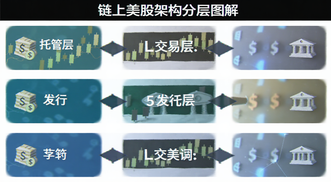 链上美股架构分层图解,展示托管层发行层交易层三层结构,用箭头连接,标注链上美股关键词