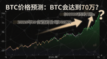 一张比特币价格走势图,图上标注2026年价格预测箭头指向700000美元,旁边有问号,图中文字注明“BTC价格预测:BTC会达到70万?”