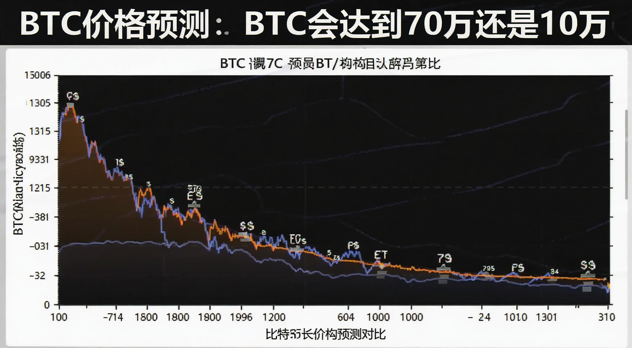 比特币长期价格预测图表,不同机构预测值对比,图中文字注明“BTC价格预测:BTC会达到70万还是10万”