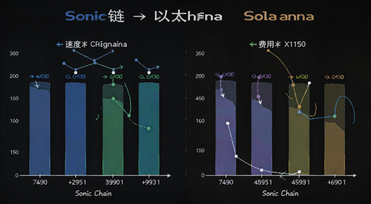 Sonic链与以太坊Solana对比信息图,用柱状图展示速度和费用差异,标注Sonic链
