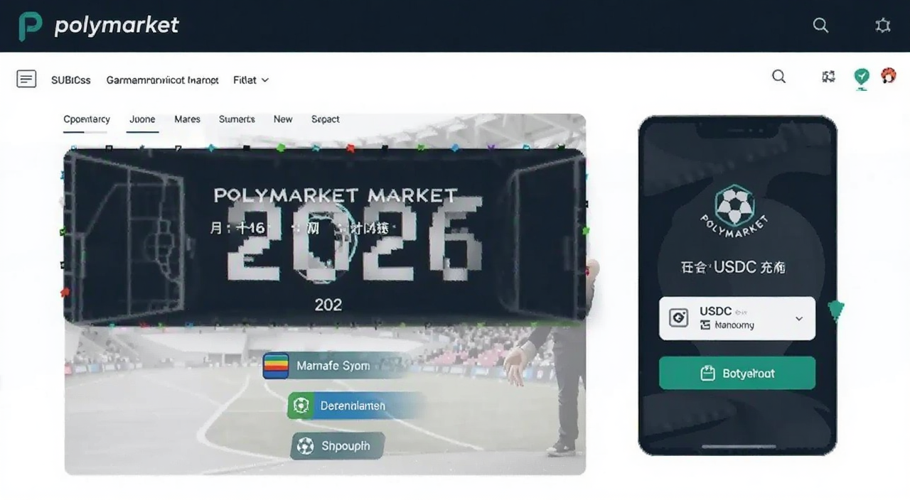 Polymarket预测市场操作界面 2026世界杯倒计时主题 钱包连接与USDC充值示意图 文字Polymarket